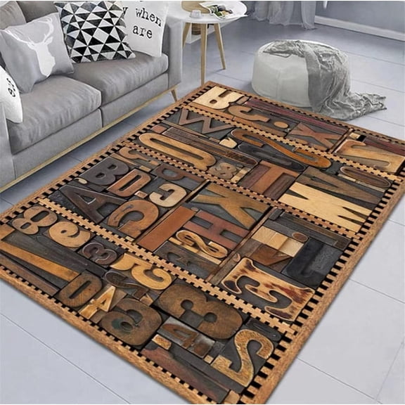 Vintage Alphabet Area Rug,3D Printed Stereo Distressed Alphabet Print Pattern Rug For Living Room, Bedroom, Kitchen, Bathroom Non-Slip Easy Care Floor Mat 3x5ft