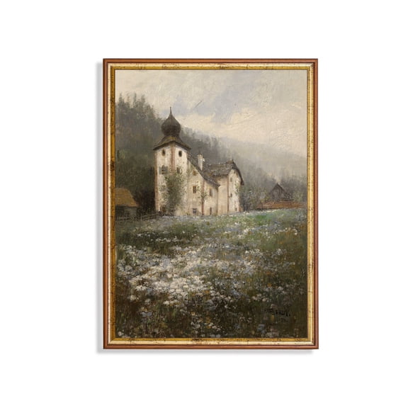 Vintage Alpine Chapel Landscape Print, Unframed Paper Poster 8x10in