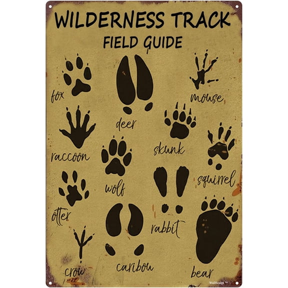 Vintage Aluminum Animal Tracks Field Guide Sign, 8x12 Inch Rustic Wall Decor for Cabin or Hunting Lodge