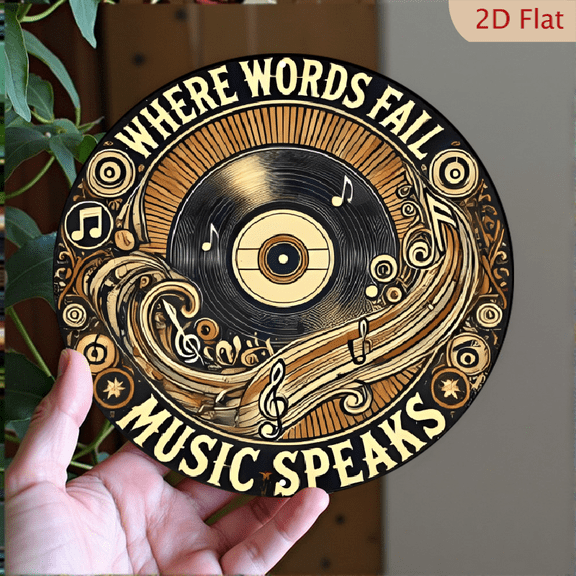 Vintage Aluminum Round Sign _Where Words Fail Music Talks_ - Vinyl Disc Retro Design with Musical Notes, 8*8 Inch, Perfect for Home Decoration 8*8in