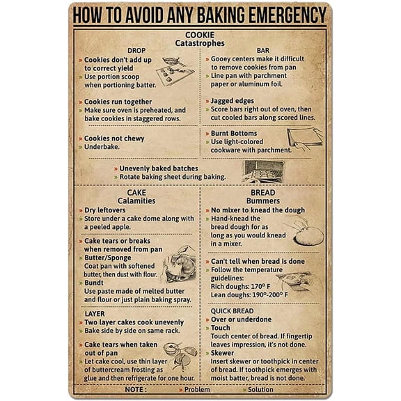 Vintage Aluminum Sign Baking Knowledge Metal Tin Sign How to Avoid Any Baking Emergency Retro Chart Poster Plaque for Home Kitchen Restaurant Cafe Bakery Wall Decoration 8x12 inches