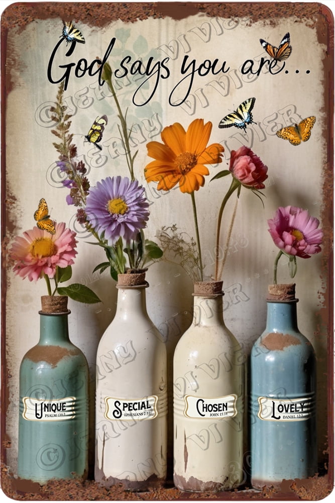 Vintage Aluminum Sign Farmhouse Bathroom Flower Wall Art God Says You ...