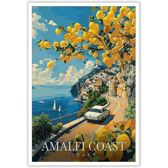 Vintage Amalfi Coast Scenery Travel Wall Art Retro Italy City Landscape Canvas Posters Colorful Nature Roads Coastal House Prints Painting For Family Living Room Bedroom Wall Decor 8x12in Unframed