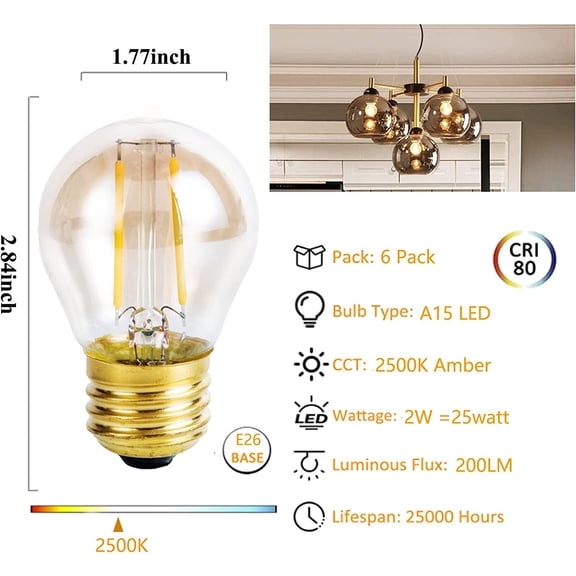 Vintage Amber Light Bulbs 25 watt Equivalent Dimmable E26 LED Bulb 2500K Warm Light, 2W LED Globe Edison Decorative Light Bulb, 6 Pack