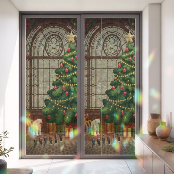 Vintage Ambiance Old Window Xmas Tree Window Privacy Film,Decorative Windows Static Cling Brown Green Heat Control Removable Glass Sticker for Home Bathroom Bedroom Window Door,35.4x78.7in