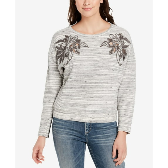 Vintage America Cotton Floral Embroidered Marled Top Brown Stripe L