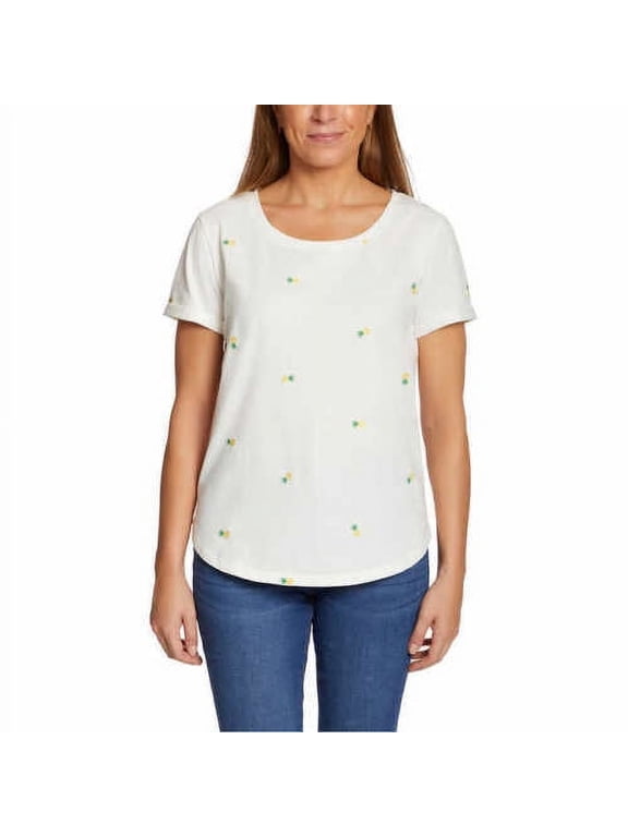 Women's Pineapple Embroidered Relaxed Fit Tee Lightweight Cotton Blend T-Shirt, XL