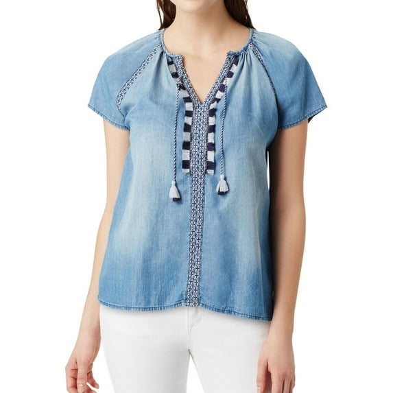 Vintage America Womens Lelah Fringe Knit Blouse, Blue, Medium