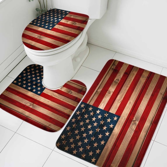 Vintage American Bathroom Rugs Set Flag Patriotic Star Striped Wood Grain Non Slip Absorbent Soft Bath Mats 3 Piece Set with Bathroom Rug, U-Shaped Floor Mat, Toilet Seat Cover Small Size