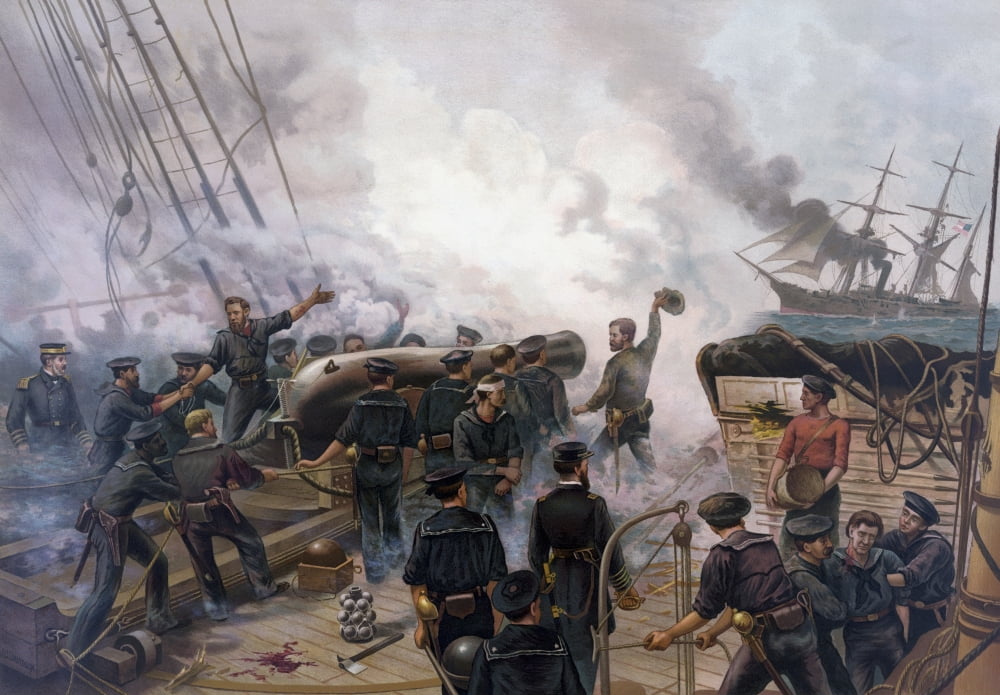Vintage American Civil War print of The Battle of Cherbourg Canvas Art - John ParrotStocktrek Images (17 x 12)