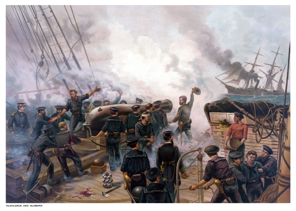 Vintage American Civil War print of The Battle of Cherbourg Canvas Art - John ParrotStocktrek Images (17 x 12)