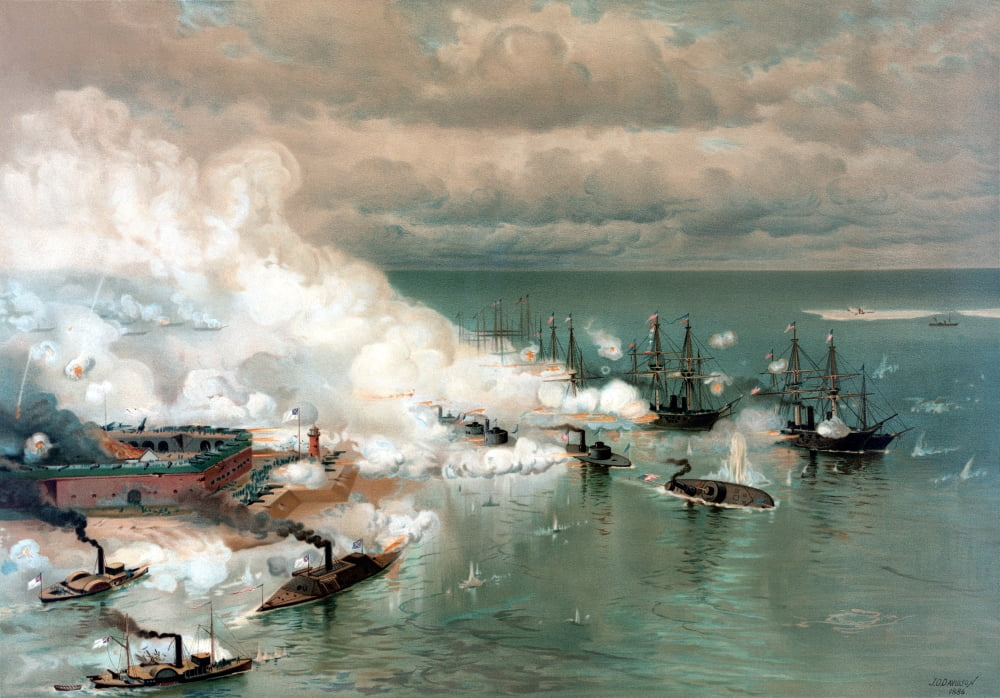 Vintage American Civil War print of The Battle of Mobile Bay Canvas Art - John ParrotStocktrek Images (34 x 24)
