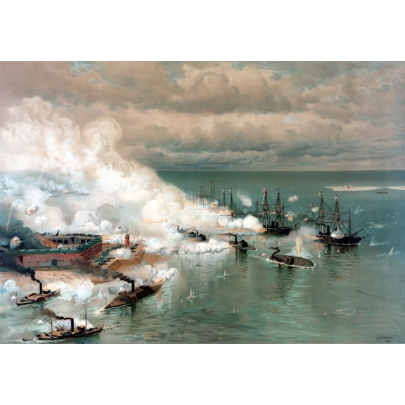 Vintage American Civil War print of The Battle of Mobile Bay Canvas Art - John ParrotStocktrek Images (34 x 24)