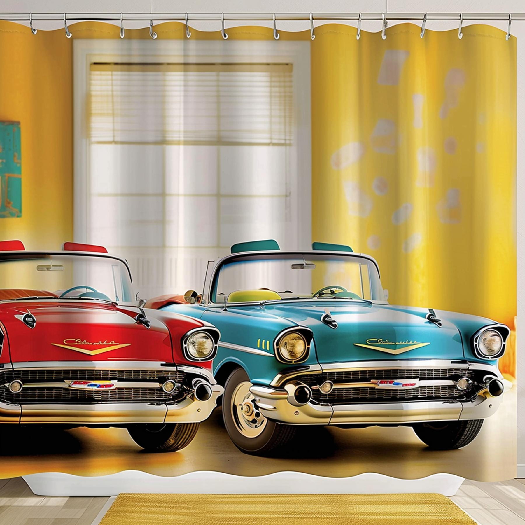 Vintage American Classic Car Shower Curtain Bathroom Decor Set with Red