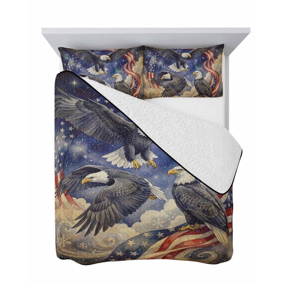Vintage American Flag 3 Piece Quilt Set King Size, Independence Day Eagle Retro Mottled Animal Soft Bedspread Coverlet Bedding Set Microfiber Lightweight Comforter Set with 2 Pillowcases for Bedroom