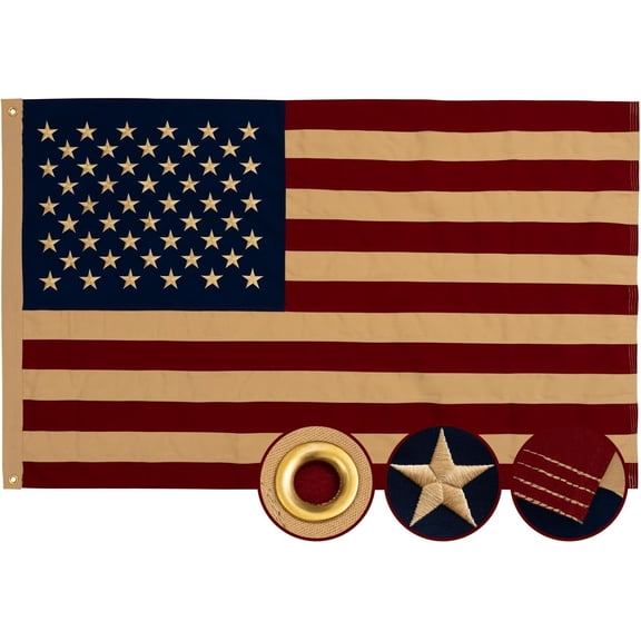 Vintage American Flag 3x5 Ft 100% Cotton Embroidered Tea Stained American Flags Heavy Duty Antiqued USA 250th Anniversary Banner for Outside with 2 Brass Grommets