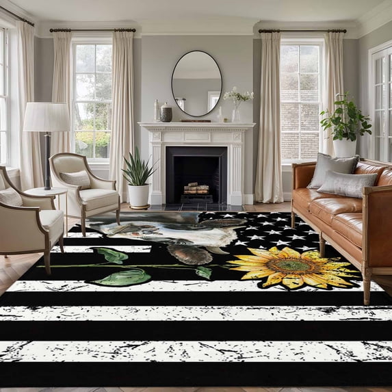 Vintage American Flag 5'x8' Area Rug for Living Room, Farmhouse Cow Sunflowers Washable Non-Slip Rugs for Bedroom Nursery Dining Room, StainResistant Low-Pile Kitchen Carpet Large Entryway Rugs