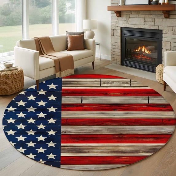 Vintage American Flag 8' Round Area Rug, Retro USA Flag Wooden Washable Non-Slip Large Circle Rugs for Living Room Bedroom, Soft Low Pile Rug Carpet for Dining Room Kitchen Farmhouse