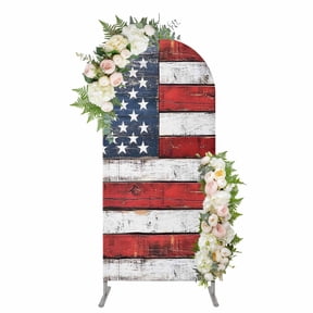Vintage American Flag Arch Backdrop Cover, Spandex Fitted Wedding Arch Cover, Country Wooden USA Flag Round Top Stand Covers for Birthday Ceremony Bridal Shower Party Decor 4x1.65 Ft
