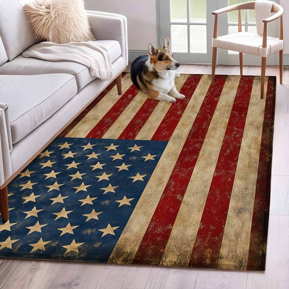 Vintage American Flag Area Rug 4x6 FT, Non Slip Kids Room Carpet, Retro USA Flag Blue Red Washable Soft Floor Carpet Non-Shedding Throw Rug for Dorm Kitchen Study Room Home Office Bedside