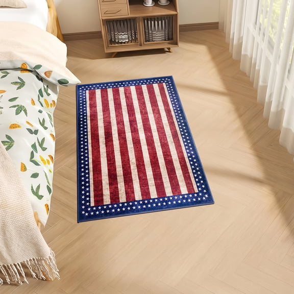 Vintage American Flag Area Rug, Washable Non Slip Low Pile Patriotic Carpet for Living Room or Entryway