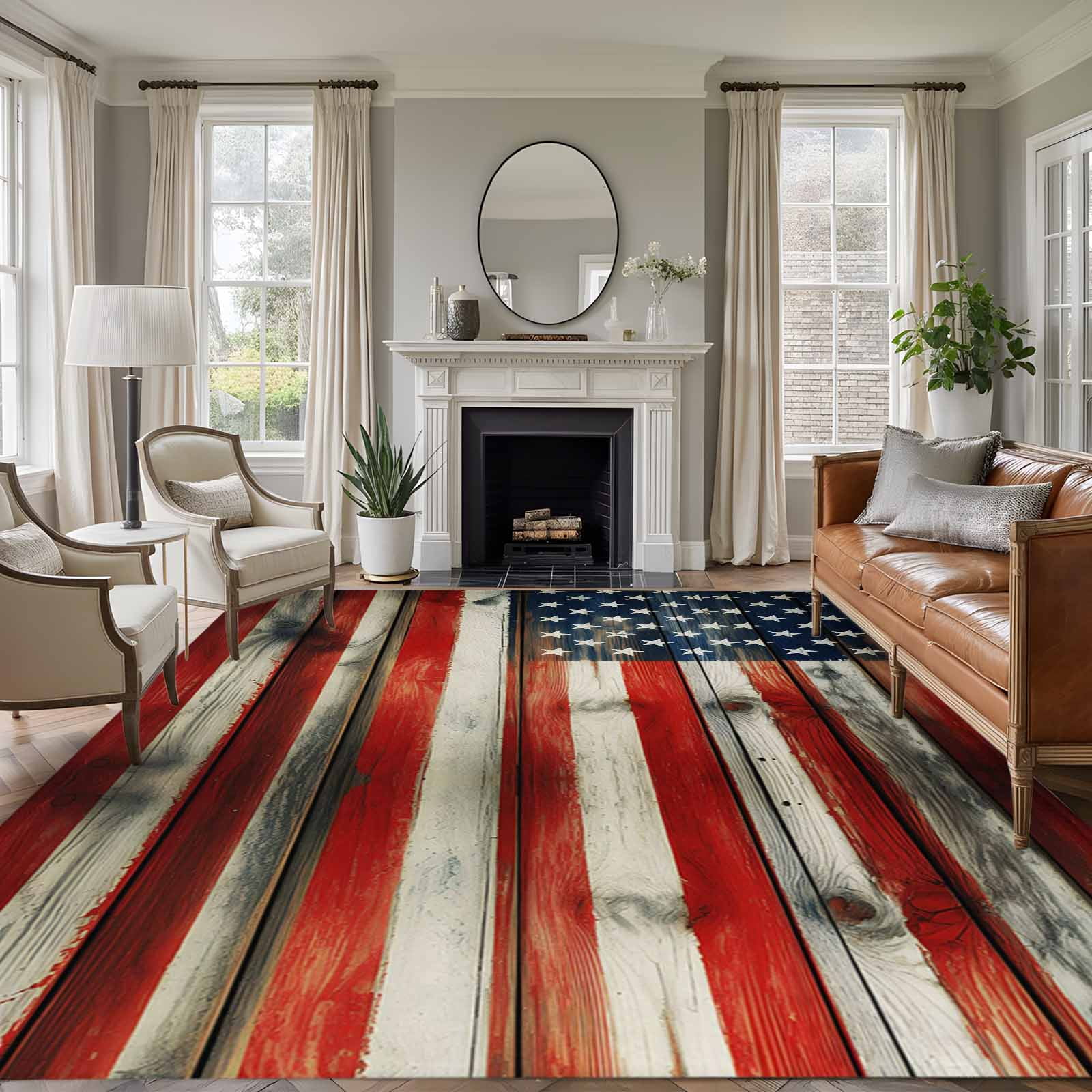 Vintage American Flag Area Rugs 5'x7', Washable Small Throw Rugs for Laundry Room Playroom, Retro USA Flags Wooden Indoor Outdoor Rug Non-Slip Low Pile Carpet Runner Reversible Floor Mats