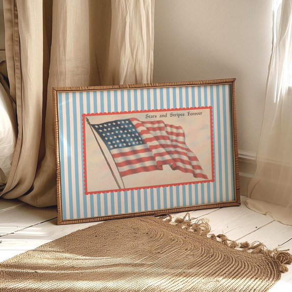 Vintage American Flag Art Print Retro Usa Striped Print Coastal America Wall Decor Preppy Horizontal Fourth Of July Prints Home Decor #556, Unframed Poster Size 24x36