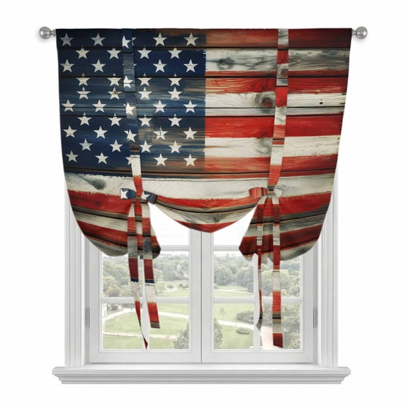 Vintage American Flag Balloon Curtains for Living Room/French Door, Retro USA Flags Wooden Tie Up Curtains 63 Inch Length Energy Saving Kitchen Curtains Shades for Windows 42"x63"