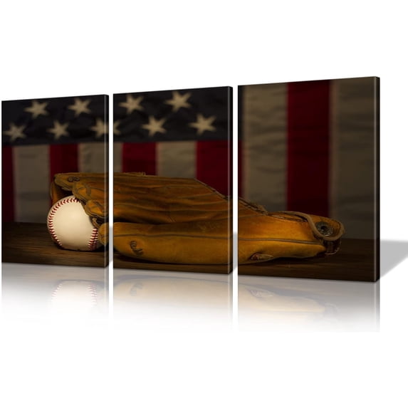 Vintage American Flag Baseball Sports Wall Art Old Bat 3Pieces Canvas Wall Art Decor for Living Room Bedroom Office Framed Ready to Hang