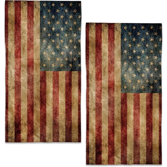 Vintage American Flag Bath Hand Towel 2 Pack Patriotic USA Flag Absorbent Hand Towels Face Towel Soft Breathable Bathroom Towel for Kitchen Hotel Spa Decor Gift 24x16 in