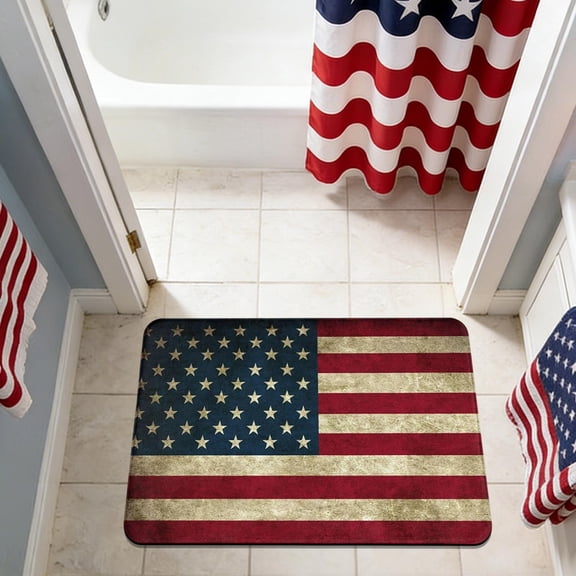 Vintage American Flag Bath Mat, Patriotic USA Distressed Flag Bathroom Rug, Non-Slip Absorbent Soft Floor Mat for Bathroom Kitchen Entryway Laundry, Indoor Home Decor