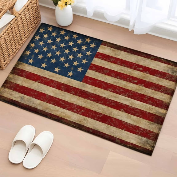 Vintage American Flag Bathroom Mats 2x3 FT, Non Slip Small Kitchen Mat, Retro USA Flag Blue Red Washable Soft Backed Front Door Throw Rugs Non-Shedding Indoor Outdoor Doormat for Entryway Sink