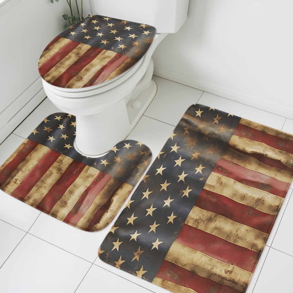 Vintage American Flag Bathroom Rugs Set USA Patriot Non Slip Absorbent Soft Bath Mats 3 Piece Set with Bathroom Rug, U-Shaped Floor Mat, Toilet Seat Cover Large Size