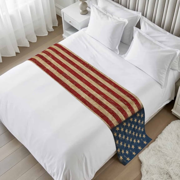 Vintage American Flag Bed Runner, Satin Bed Throw Runner for Twin Size Beds, Retro USA Flag Blue Red Decorative Bedding Dresser Scarf for Foot of Beds Sofa Cabinet End Table 71"x20"