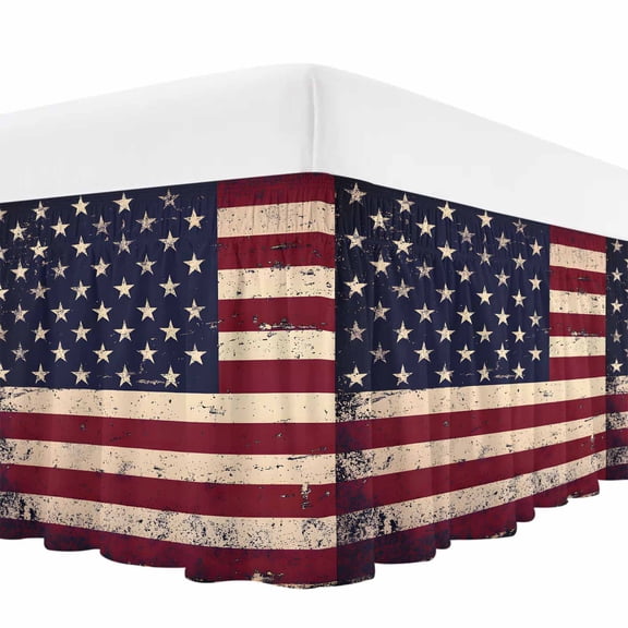 Vintage American Flag Bed Skirt Cal King Size, Retro Rustic USA Flag Wrap Around Bed Skirting with Adjustable Elastic Strap, Dust Ruffled Pleated Bedskirts 18 Inch Drop for Bedroom Cal King Beds