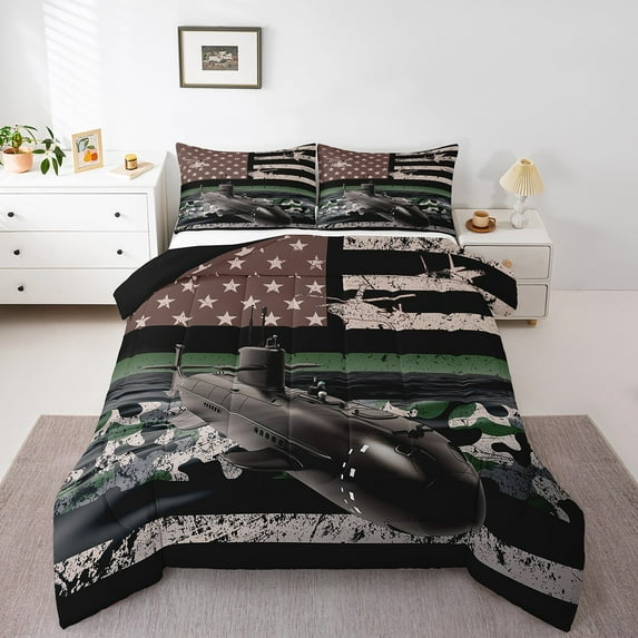 Vintage American Flag Bedding, Camo Aircraft Comforter Set Grunge Retro Stars And Stripes Bedding Sets, Airplane Army Force Theme Duvet Set With 1 Pillowcase, Black Green