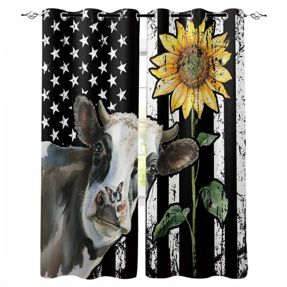 Vintage American Flag Blackout Curtains for Bedroom/Living Room, Farmhouse Cow Sunflowers Thermal Insulated Kitchen Drapes with Grommets, Light Blocking Window Treatment, 2 Panels 52" x 72"