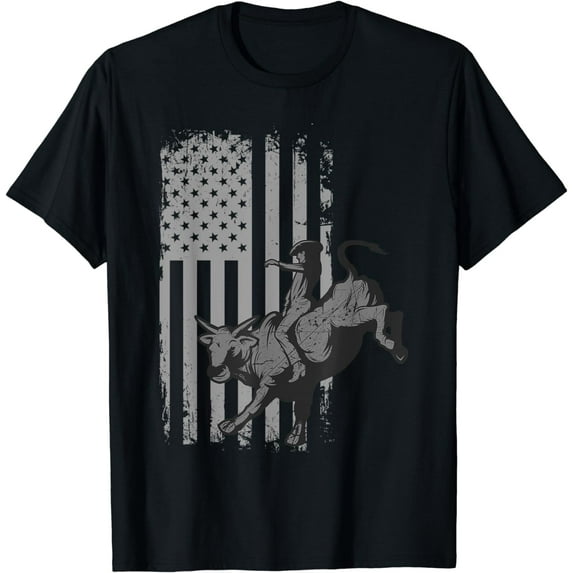 Vintage American Flag Bucking Bull Riding Patriotism Rodeo T-Shirt