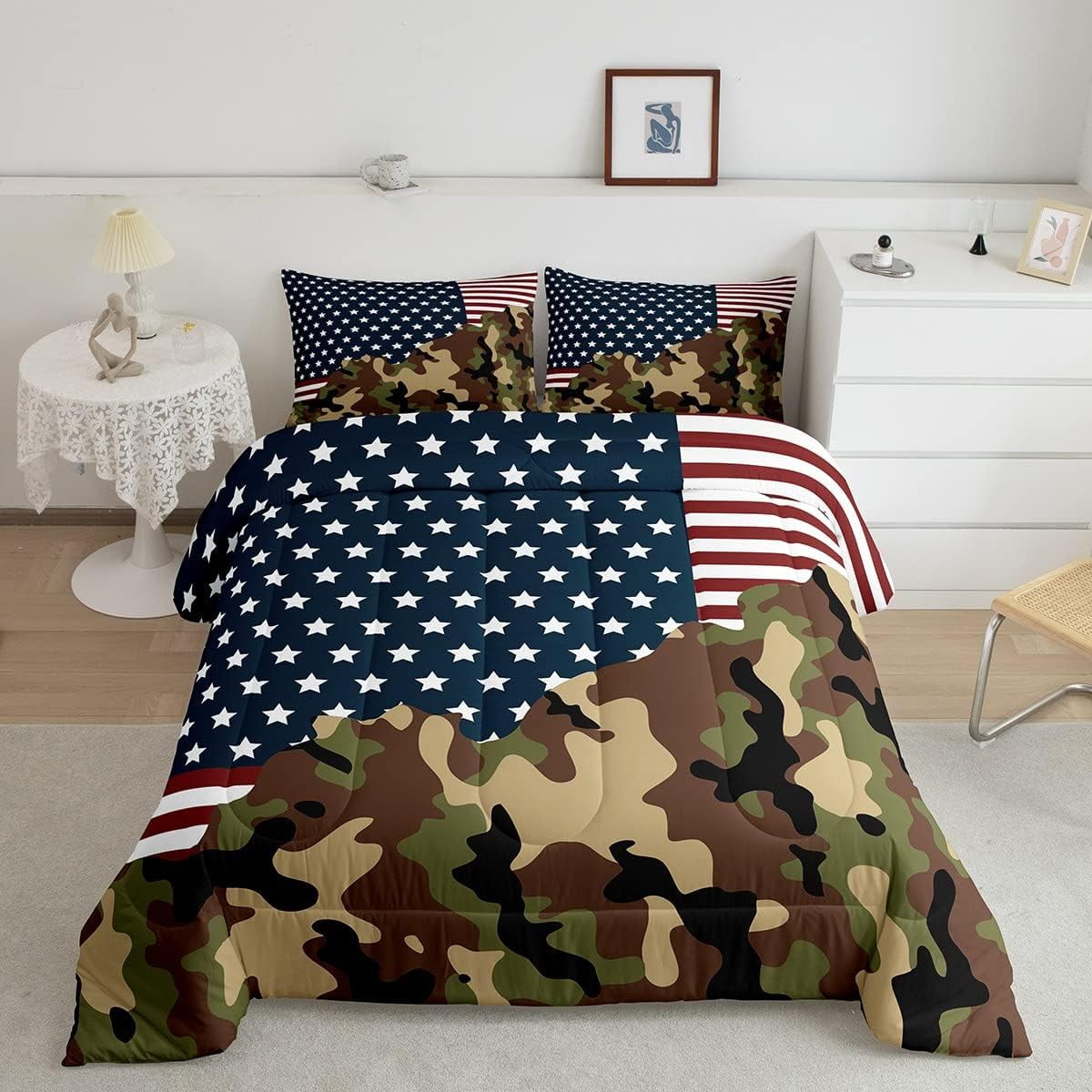 Vintage American Flag Comforter Set King Size,Camo USA National Flag