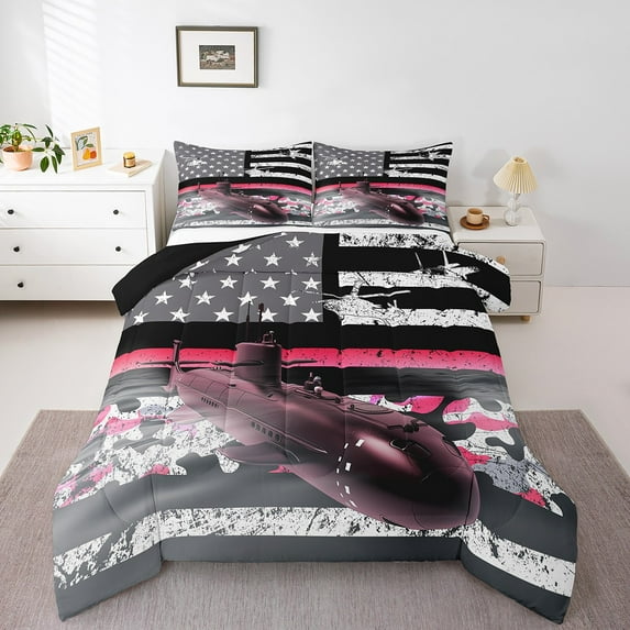 Vintage American Flag Comforter Sets, Camo Pink And Black Aircraft Bedding Full Grunge Retro Stars And Stripes Bed Set, Airplane Army Force Theme Duvet Set 3Pcs