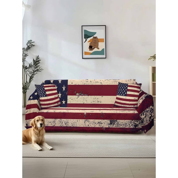 Vintage American Flag Couch Cover Sofa Covers 3 Cushion Sectional Couch, Retro Rustic USA Flag Washable Sofa Covers Slipcover Sectional Sofa Cover, Furniture Protector 71"x150"