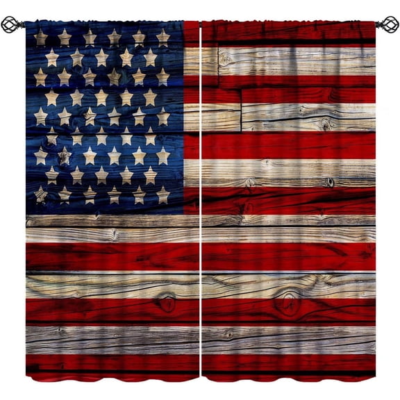 Vintage American Flag Curtains, Country Farmhouse Old Us Flag Rustic Wooden United States Flag Patriotic Blackout Window Drapes for Living Room Bedroom, 52" W X 63" L