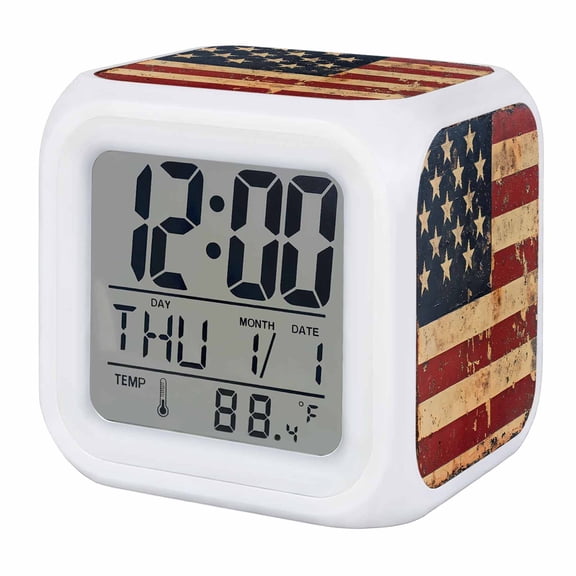 Vintage American Flag Digital Alarm Clock for Bedrooms, Smart LED Alarm Clock with 7 Color Changing Night Light, Retro US Flag White Red Blue Silent Wake Up Clocks for Sleep Study Cooking 3.2"x3.2"