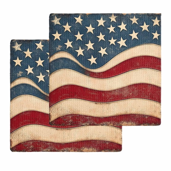 Vintage American Flag Dish Towels Set, Waffle Weave Kitchen Towels 2 Pieces, Blue Red White Star US Flag Microfiber Hair Face Bath Tea Towel Absorbent Quick Drying Cleaning Dish Cloths, 12"x12"