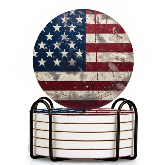 Vintage American Flag With Distressed And Weathered Texture Set of 6 Ceramic Coasters with Holder, Absorbent Drink Bar Coasters, Table Coasters for Living Room Decor Tabletop Protection