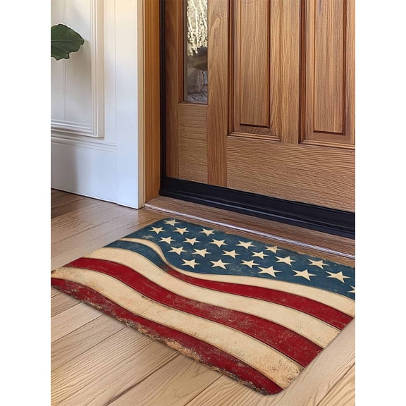 Vintage American Flag Door Mat Indoor Outdoor Entrance, Non Slip Small Rug for Kitchen Bathroom Entryway Rug, Blue Red White Star US Flag Washable Doormat Floor Mat 16x24 Inch
