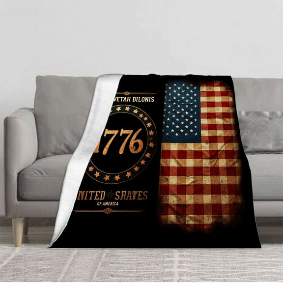 Vintage American Flag Flannel Blanket - Soft Cozy Distressed Texture Perfect for Sofa Travel Bed and Chair - 1776 Emblem Design