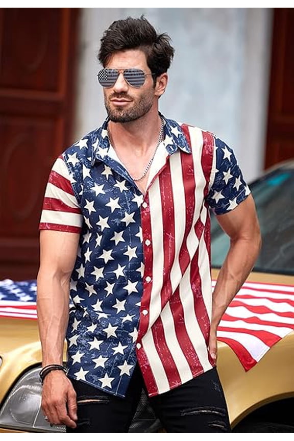 Vintage American Flag Hawaiian Shirt Mens Patriotic Stars Stripes Fourth of July Button Down Shirt