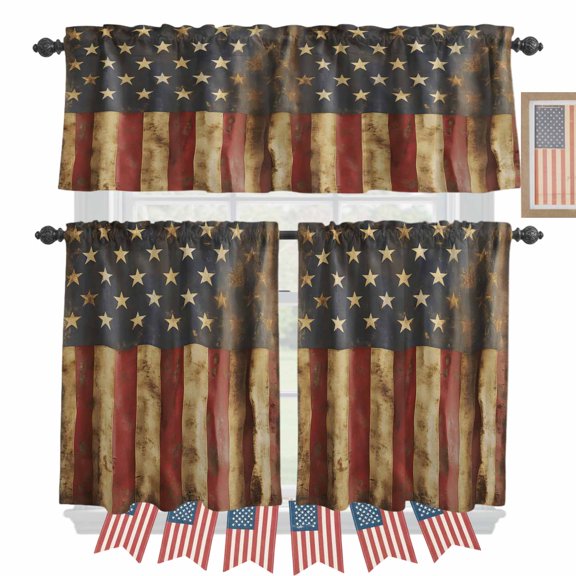 Vintage American Flag Kitchen Curtains Valances 3 Piece Set, USA Patriot Rod Pocket Tier Curtain and Valance Drapes for Small Window 24 Inch Length for Bedroom Cafe