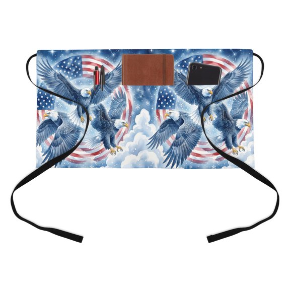 Vintage American Flag Kitchen Restaurant Half Waist Apron, Independence Day Eagle Mottled Animal Sky Server Short Apron with 3 Pockets Waterproof Oil Waist Aprons for Women Waitress Waiter